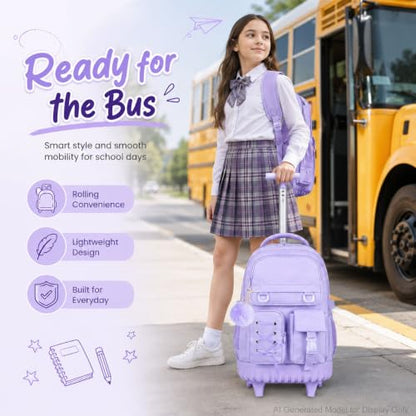 KLFVB Girls Rolling Backpack, 3PCS Wheeled Bookbag with Lunch Bag for Kids, Roller School Bag for Teen - Purple Ribbon Bow - color: Purple Ribbon Bow Rolling Backpack