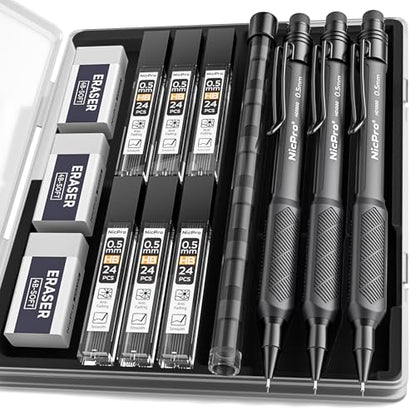 Nicpro HD1000 0.5 mm Art Mechanical Pencil Set in Case, 3 PCS Weatherproof Mechanical Pencils with 6 Tube HB Refills, Eraser, Weatherproof Barrel for Outdoor Writing Marking Drafting Drawing Sketching - style: 0.5mm(3 Pcs)