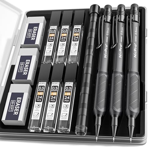 Nicpro HD1000 0.5 mm Art Mechanical Pencil Set in Case, 3 PCS Weatherproof Mechanical Pencils with 6 Tube HB Refills, Eraser, Weatherproof Barrel for Outdoor Writing Marking Drafting Drawing Sketching - style: 0.5mm(3 Pcs)