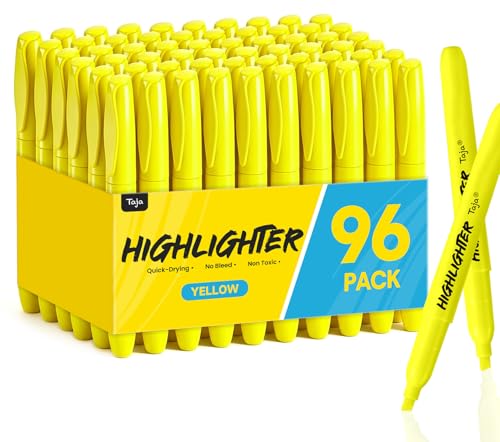 Taja Highlighters 96 Pack Value Pack, Bright Yellow, Chisel Tip Marking Pens with Clean Ink, Suitable for School, Office, and Daily Use - color: Yellow