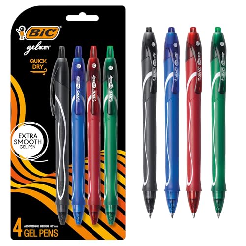 BIC Gelocity Quick Dry Assorted Colors Gel Pens, Medium Point (0.7mm), 4-Count Pack, Retractable Gel Pens With Comfortable Full Grip - color: Black, Blue, Red, Green, size: 4 Count (Pack of 1)