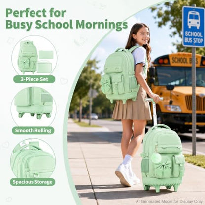 3Pcs Rolling Backpack for Girls Women, School Kids Roller Bookbag with Wheels, Wheeled Backpacks Set for Elementary (Green) - color: Bow Green