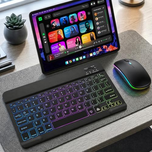Backlit Bluetooth Keyboard and Mouse for iPad, Rechargeable Slim Portable Wireless Keyboard and Mouse for iPad Tablets, Compatible for All iOS/Windows/Android System Devices-Black