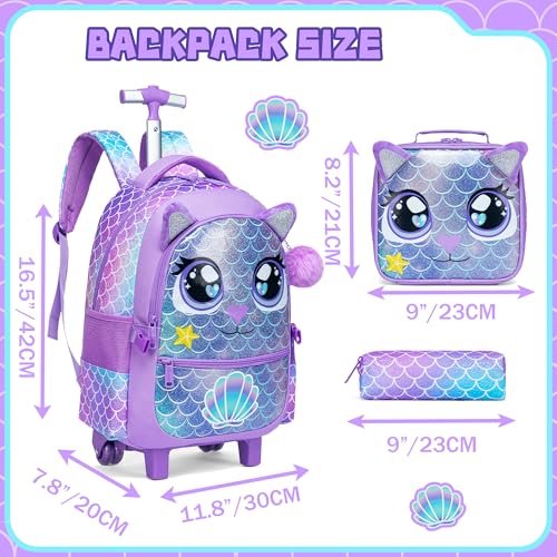 Meetbelify Rolling Backpack for Girls Backpacks with Wheels for Elementary School Students Kids 3 in 1 Travel Luggage Suitcase with Lunch Box Pencil Case for Girls Age 8-10 - color: Purple Mermaid