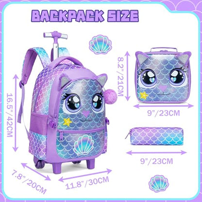 Meetbelify Rolling Backpack for Girls Backpacks with Wheels for Elementary School Students Kids 3 in 1 Travel Luggage Suitcase with Lunch Box Pencil Case for Girls Age 8-10 - color: Purple Mermaid