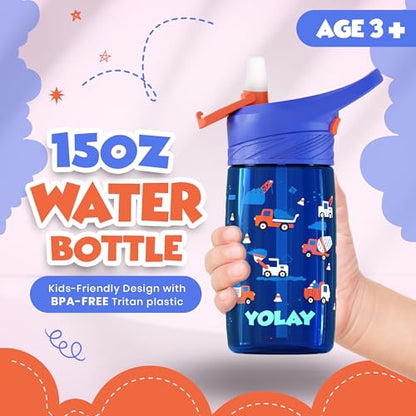 YOLAY 15oz Kids Water Bottle For School Boys and Girls, Durable Toddler Water Bottle with Straw Lid Leak-Proof, Spill Proof, Easy Clean and Dishwasher Safe with Re-Usable and BPA Free - Trucks - color: Trucks