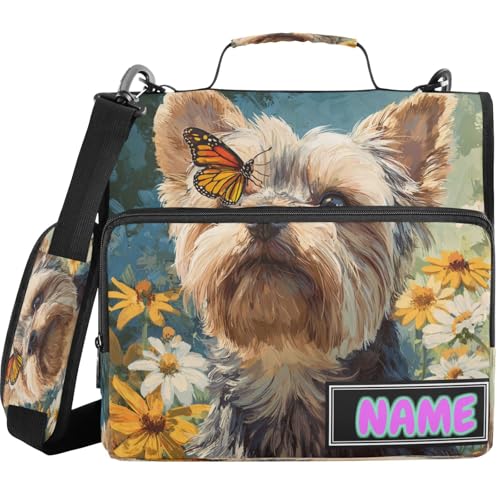 Custom Name Zipper Binder 3 Ring with Shoulder Strap Cute Yorkshire Terrier Butterfly 1.5 Inch Binder Holds 500 Sheets Personalized Multi-Pocket Organizer Zipper Binders Organizer for School Students - color: Multicolored.25