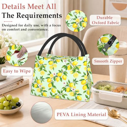 Lemon Reusable Lunch Bag,Green Leaf Insulated Small Lunch Box for Kids Adult Women,Leakproof Cooler Tote Bags for Student Teacher Work Camping Picnic School - color: Lemon