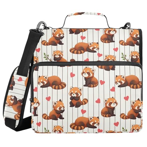 Red Panda Heart Pattern Zipper Binder 3 Ring with Handle and Shoulder Strap, 500 Sheet Binder Organizer Capacity & Multi-Pockets for School Office