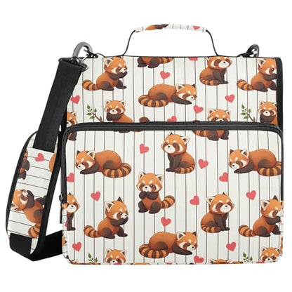 Red Panda Heart Pattern Zipper Binder 3 Ring with Handle and Shoulder Strap, 500 Sheet Binder Organizer Capacity & Multi-Pockets for School Office