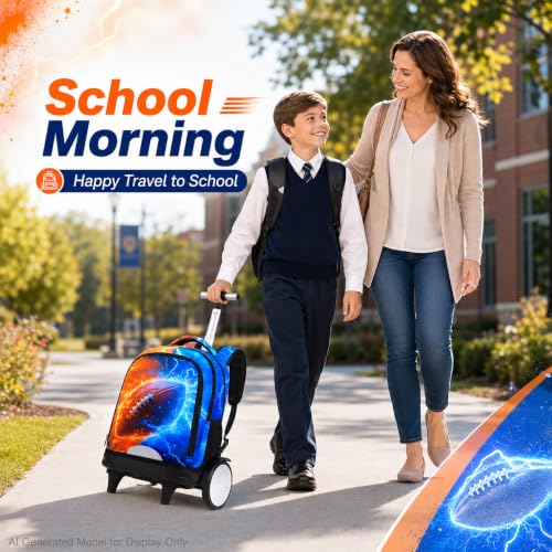 AGSDON Quiet Rolling Backpack with Lunch Box Set – Large‑Wheel Water‑Resistant Wheeled Bag for School, Outings, and Travel | Fire-Lightning Rugby 3‑Piece Organizer Backpack - color: Big Wheel Rolling Backpack Fire-lightning Rugby