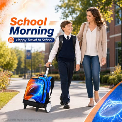 AGSDON Quiet Rolling Backpack with Lunch Box Set – Large‑Wheel Water‑Resistant Wheeled Bag for School, Outings, and Travel | Fire-Lightning Rugby 3‑Piece Organizer Backpack - color: Big Wheel Rolling Backpack Fire-lightning Rugby