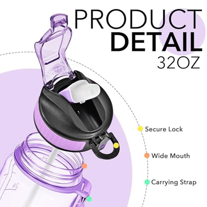 Hyeta Water Bottle with Straw & Time Marker, Plastic 32oz Leakproof | Motivational Tritan BPA Free Gym Office Outdoor Intake Tracker Hourly Reminder Straw Lid Carry Strap - color: Clear Wisteria