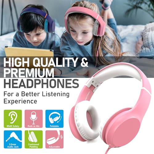 FosPower Kids Headphones with 3.5mm Laced Cables, Children & Teens Over The Ear Foldable Adjustable Headset w/Built-in Mic for Smartphones/PC/Tablet/Laptop/School (Max Volume 85dB) – Pink/White - color: 08 - Pink/White
