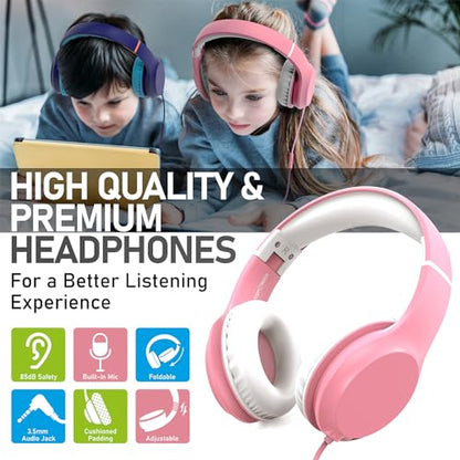 FosPower Kids Headphones with 3.5mm Laced Cables, Children & Teens Over The Ear Foldable Adjustable Headset w/Built-in Mic for Smartphones/PC/Tablet/Laptop/School (Max Volume 85dB) – Pink/White - color: 08 - Pink/White