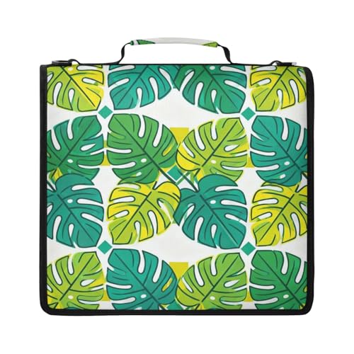 Monstera Leaves Zipper Binder with 2 Inch D-Rings Expandable File Portfolio with Shoulder Strap, Waterproof Nylon Organizer for 14" Laptop for Work College Travel