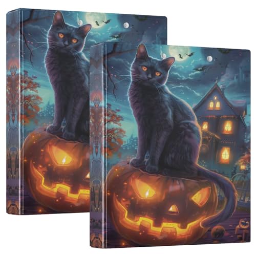 Halloween Cat Pumpkin Hard Cover Ring Binder 1.5 Inch 3 Ring, Printed Ring Binder with Metal Non-Slip Clip Clear Pocket Water Resistant Round Ring Binders for Recipe Budget Office - color: Halloween Cat Pumpkin