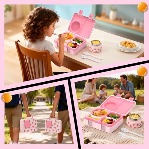 Kids Lunch Box with Thermo, Leakproof Bento Box for Kids with 8OZ Insulated Food Jar, Ice Pack, Sauce Cup, Utensils, Removable Tray & Dividers for School Daycare Travel (Strawberries) - color: Strawberries