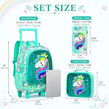 gxtvo Rolling Backpack for Girls, Kids Roller Wheels Bookbag - Roller Elementary Sequin School Bag - 3PCS Unicorn Green