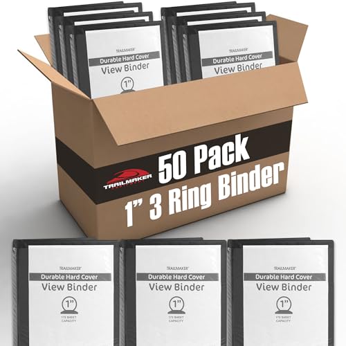 Trail Maker 1 inch Binders (50 Pack),3 Ring Hardcover Binders in Bulk with Clear View Cover, Pockets for Classroom, Office, Portfolios | Bulk School, Teacher, Office Supplies (Black Only Pack) - color: Black Only Pack