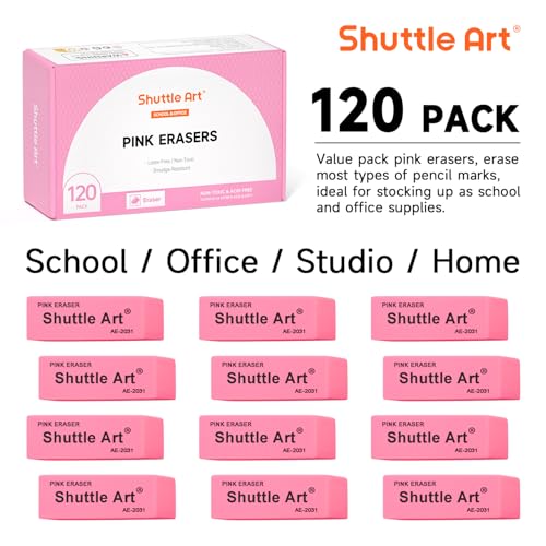 Pink Erasers, Shuttle Art 120 Pack Pink Erasers Bulk for School, Office, Latex-Free Soft Eraser for Kids, Teachers as School Supplies - color: Pink