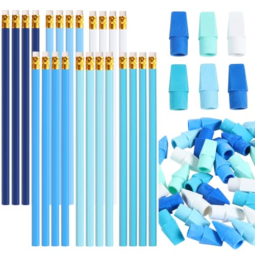 24 Pack Blue Gradient No.2 HB Pencils with 48 Eraser Caps, Aesthetic Wooden Pencils Bulk, Unsharpened Writing Cute Graphite Hexagonal Pen for Office, Journaling, Sketching, Party Favors, Everyday Use - color: Blue Green Series