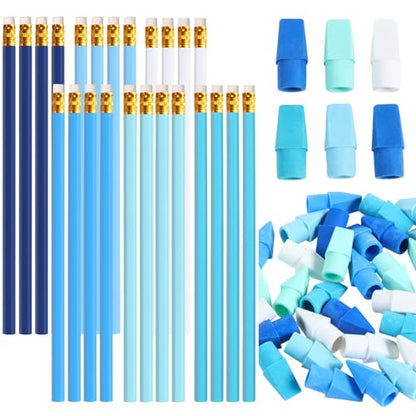 24 Pack Blue Gradient No.2 HB Pencils with 48 Eraser Caps, Aesthetic Wooden Pencils Bulk, Unsharpened Writing Cute Graphite Hexagonal Pen for Office, Journaling, Sketching, Party Favors, Everyday Use - color: Blue Green Series