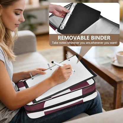 Zippered Portfolio Binder with 3-Ring & 7-Pocket Expanding File, Maroon White Check Pattern High Capacity Lesson Plan Organizer, Water-Repellent Document Case