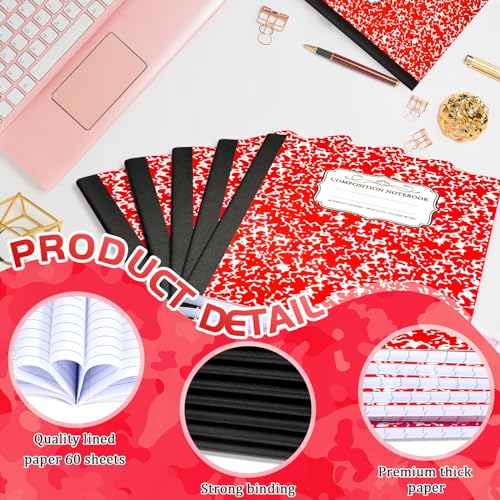 Seajan 20 Pack Composition Notebooks, Wide Ruled Paper, 7-1/2" x 9-3/4" Marble Hard Covers, 60 Sheets, Composition Notebooks Bulk for Students Back to School Adults Office Supplies(Red) - color: Red