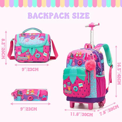 Rolling Backpack for Girls,Backpack with Wheels for Kids 8–12,Lightweight Wheeled School Backpack with Lunch Box,Cute Bookbag for Elementary and Middle School - color: Pink Ice Cream