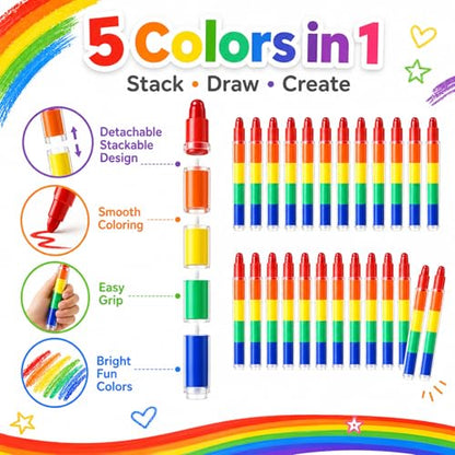 Dunzoom 30 Pcs Stacking Crayons Stackable Buildable Crayon 5 Colors Interchangeable Colorful Stackable Rainbow Crayons Party Favor for Office DIY Supplies