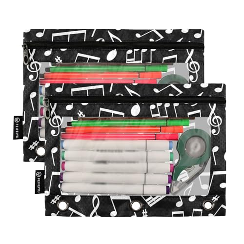Fisyme White Music Notes Pencil Pouch for 3 Ring Binder Pencil Case Pencil Bag Zipper Pouch with Clear Window for Office 2 Pack