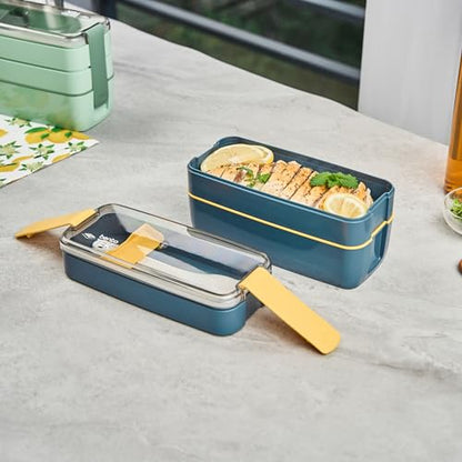 Restaurantware Bento Box 1 Count 30 Ounce Plastic Lunch Box Stackable With Cutlery, Leakproof Microwave-Safe Meal Prep Container Stackable Blue - size: 1 Count, style: 30 oz - Blue