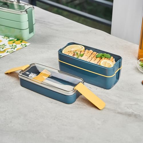 Restaurantware Bento Box 10 Count 30 Ounce Plastic Lunch Box Stackable With Cutlery, Leakproof Microwave-Safe Meal Prep Container Stackable Blue - size: 10 Count, style: 30 oz - Blue
