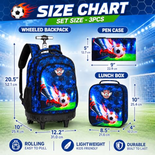 CCJPX 3PCS Rolling Backpack for Boys, 21 Inch Soccer Water Resistant Backpacks with Roller Wheels, Football Wheeled Bookbag for Teens Elementary School Travel-Blue - color: Rolling Soccer Black