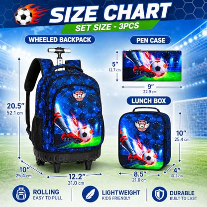 CCJPX 3PCS Rolling Backpack for Boys, 21 Inch Soccer Water Resistant Backpacks with Roller Wheels, Football Wheeled Bookbag for Teens Elementary School Travel-Blue - color: Rolling Soccer Black