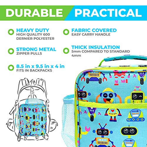 Bento Lunch Box for Kids with Thermo for Hot Food Soup, Insulated Lunch Bag and Ice Cold Pack Set, Stainless Steel Lunch Thermal, Container Boxes with 4 Compartments, Green Robot - color: Robot Set