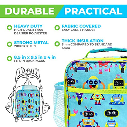 Bento Lunch Box for Kids with Thermo for Hot Food Soup, Insulated Lunch Bag and Ice Cold Pack Set, Stainless Steel Lunch Thermal, Container Boxes with 4 Compartments, Green Robot - color: Robot Set