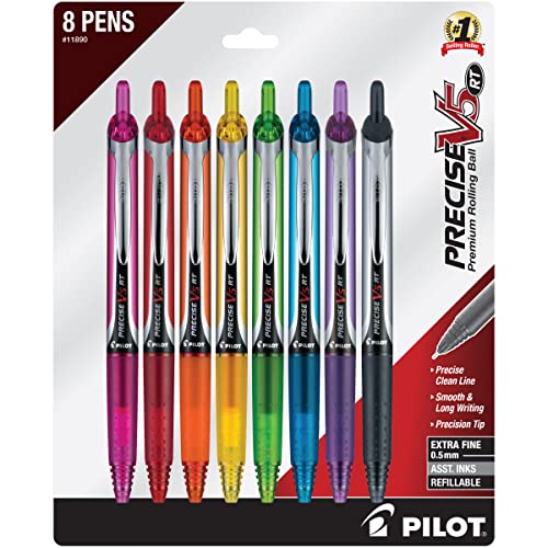 Pilot Precise V5 RT Refillable & Retractable Rolling Ball Pens, Extra Fine Point Pens, 0.5 mm, Vibrant, Pack of 8 - Ideal for School, Journaling & Office Writing - color: Vibrant 8