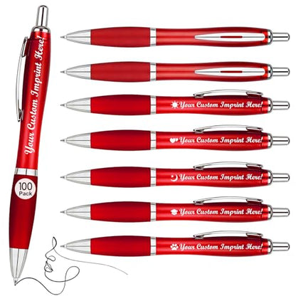 Personalized Business Pens with Logo - 100 Pack Bulk Retractable Pen - color: Red