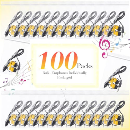 Kanayu 100 Pack Wired Earbuds Bulk for Classroom Ear Headphones Wired Basic Student Earbuds No Microphone with 3.5MM Jack for Class Laptop School Library, Individually Bagged (Yellow) - color: Yellow