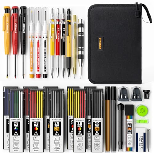 STAGEEK 34 Pack Carpenter Pencils with Sharpener | Carpenter Pencil Set with Deep Hole Long-Nib Markers , Woodworking Tool & Construction Pencils for Architect, DIY with Case