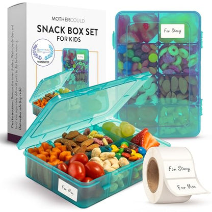 Snack Box Containers Set of 2-Reusable,100 Dissolvable Labels, 8 Adjustable Compartments, Dishwasher Safe, BPA-Free, Meal Prep Container, PARENT TESTED PARENT APPROVED AWARD (2 Pack) (Blue) - color: Blue, size: Small