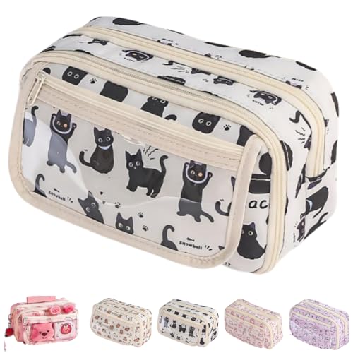 Cute Kawaii Pencil Case Pouch Cartoon Pen Box Holder Organizer for Office Workspace Supplies Desk Accessories Travel Essentials Aesthetic Trendy Cool Stuff Gift Large Capacity (Black Cat) - color: Black Cat