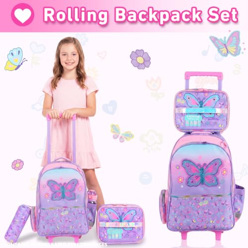 Kids Backpack for Girls with Lunch Box, Rolling Backpack with Wheels, Cute Butterfly Kids Roller Elementary SchoolBag Middle-School Bookbag Back to School Gift - color: L22. Butterfly