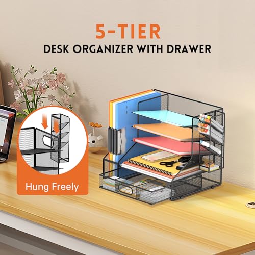 5-Tier Desk Organizer with File Holder & Pen Holder & Sliding Drawer, Black | Mesh Metal Paper Letter Tray for Papers, Mail, Office Supplies, and Desk Accessories - color: Black