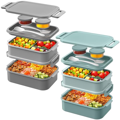 DaCool 2 Pack Adults Lunchbox Bento Box 74 OZ Stackable Lunch Box for Kids Adults Men Women Teens Leakproof Bento Large Lunch Box Container with Fork Spoon Sauce Box for School Work,Grey,Morandi-Green - color: Grey + Morandi-Green
