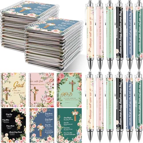 24 Sets Christian Notepads Bible Pens Sets Bulk - Classroom Office Church Religious Gifts - Spiral Thickened Bible Verse Notepad Pens for School Teacher Coworker (Floral Cross) - style: Floral Cross