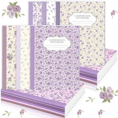 MotiMind 6 Pcs Purple Flower Composition Notebook College Ruled Back to School Wildflower Pretty Wide Ruled Composition Book 110 Page 7-1/2" x 9-3/4" Aesthetic Journal Gift for Teacher Class Office - style: Purple