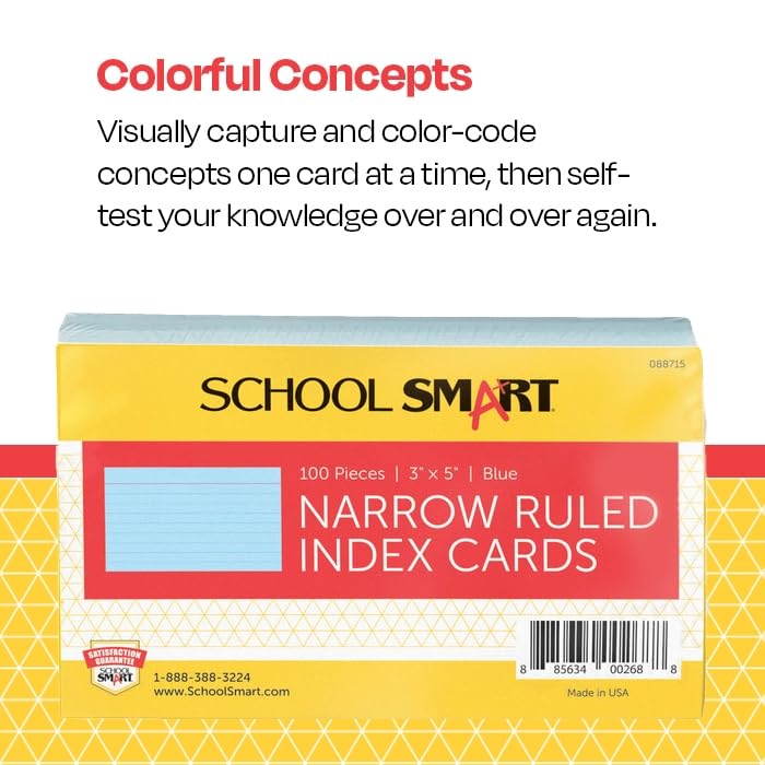 School Smart Ruled Index Cards, 3 x 5 Inches, Blue, Pack of 100 - color: Blue, size: 3 x 5 Inches